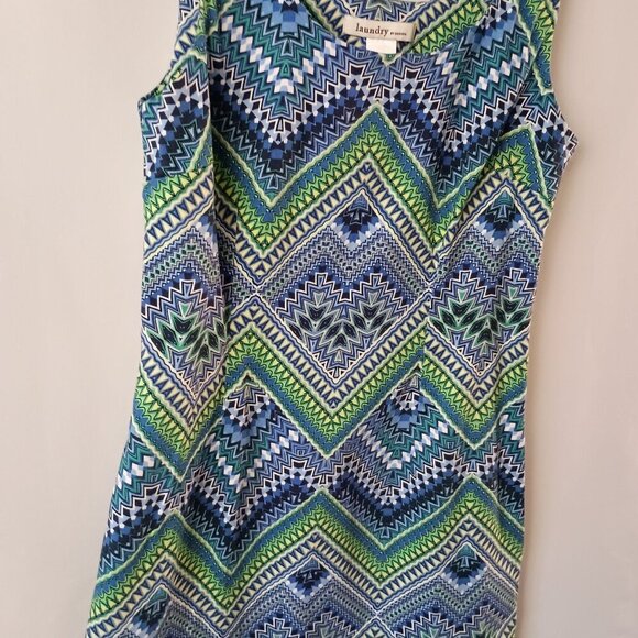 Laundry by Design Geometric Print Mini Dress Size 6 Blue Green Sleeveless Shift - Picture 3 of 5